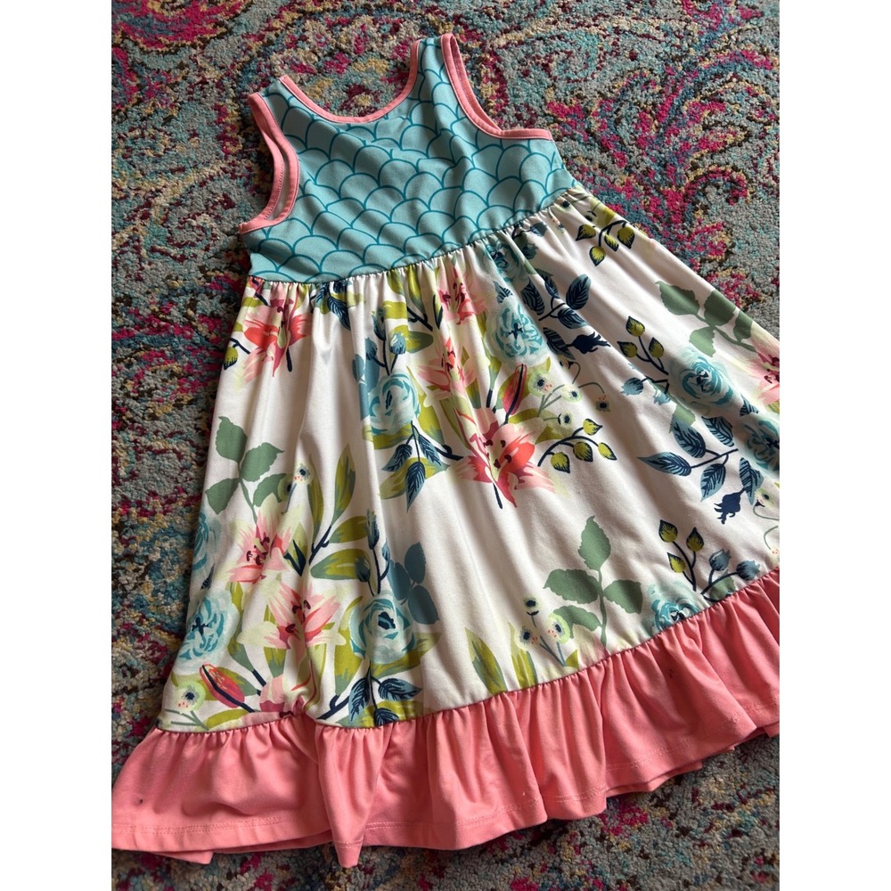 Penelope Plumm Dress Blue Pink Floral Mermaid Scale Ruffle Hem Summer Girl 5 - Picture 5 of 10